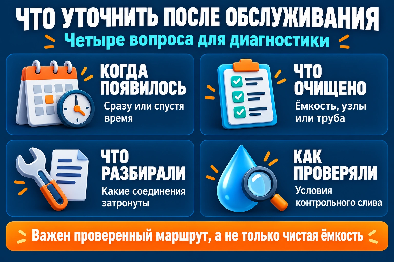 Сведения после обслуживания жироуловителя: когда появился симптом, что очистили, что разбирали и как проверяли слив