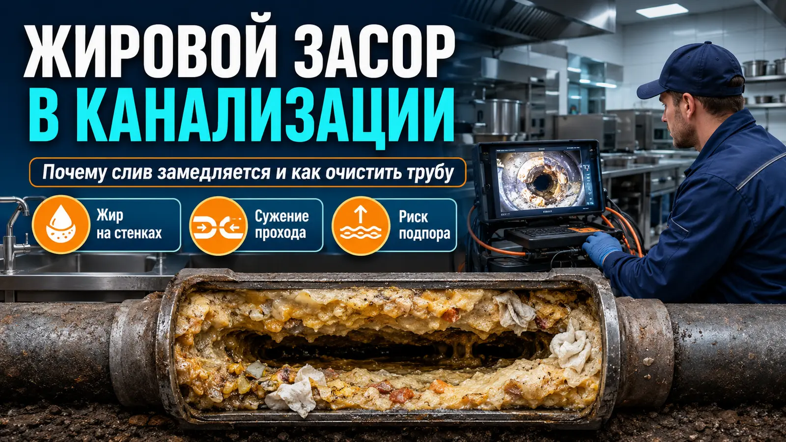 Жировой налёт и пищевые отложения внутри канализационной трубы